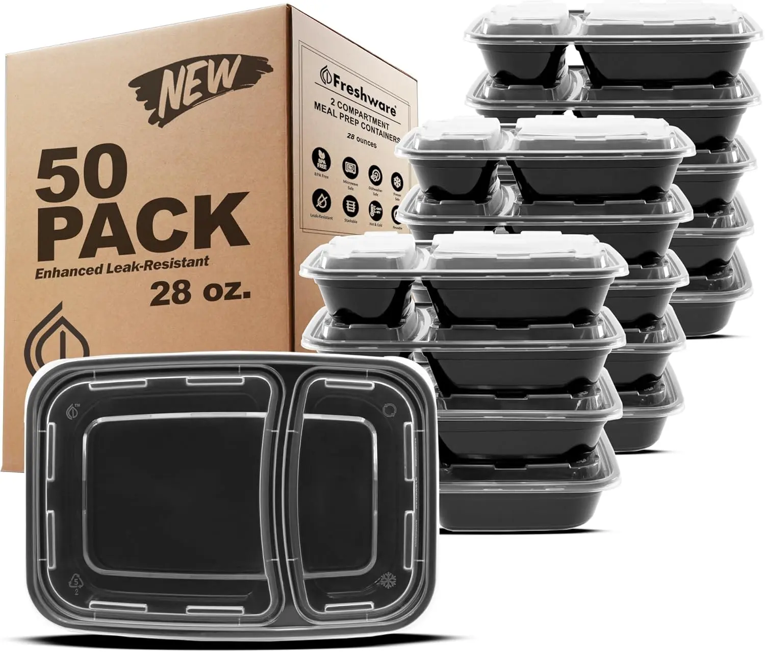 FRESHWARE 50-Pack 28oz Reusable 2-Compartment BPA-Free Plastic Meal Prep Lunch Containers with Lids - Stackable, Reheatable, Microwave/Dishwasher/Freezer Safe, Sturdy Portion Control Storage for Healthy Meal Prep, Portion Control Containers