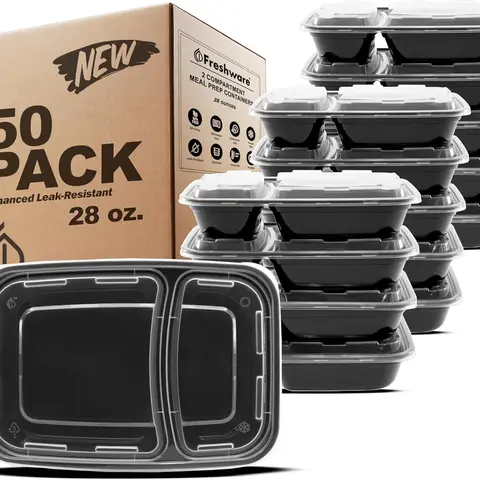 FRESHWARE 50-Pack 28oz Sturdy Plastic 2-Compartment Reusable BPA-Free Meal Prep Containers with Lids - Stackable, Reheatable, Microwave/Dishwasher/Freezer-Safe, Bending-Resistant, Food-Grade Storage Organization Portion Control Kitchen Gadgets