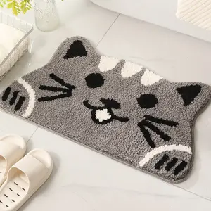 Cute Cat Shaped Plush Rug, Cartoon Cat Face Kitty Bath Mat, Bathroom Floor Mat, Bathroom Decorative Mat, Non-Slip Rubber Backing, Home Decor & Office Use