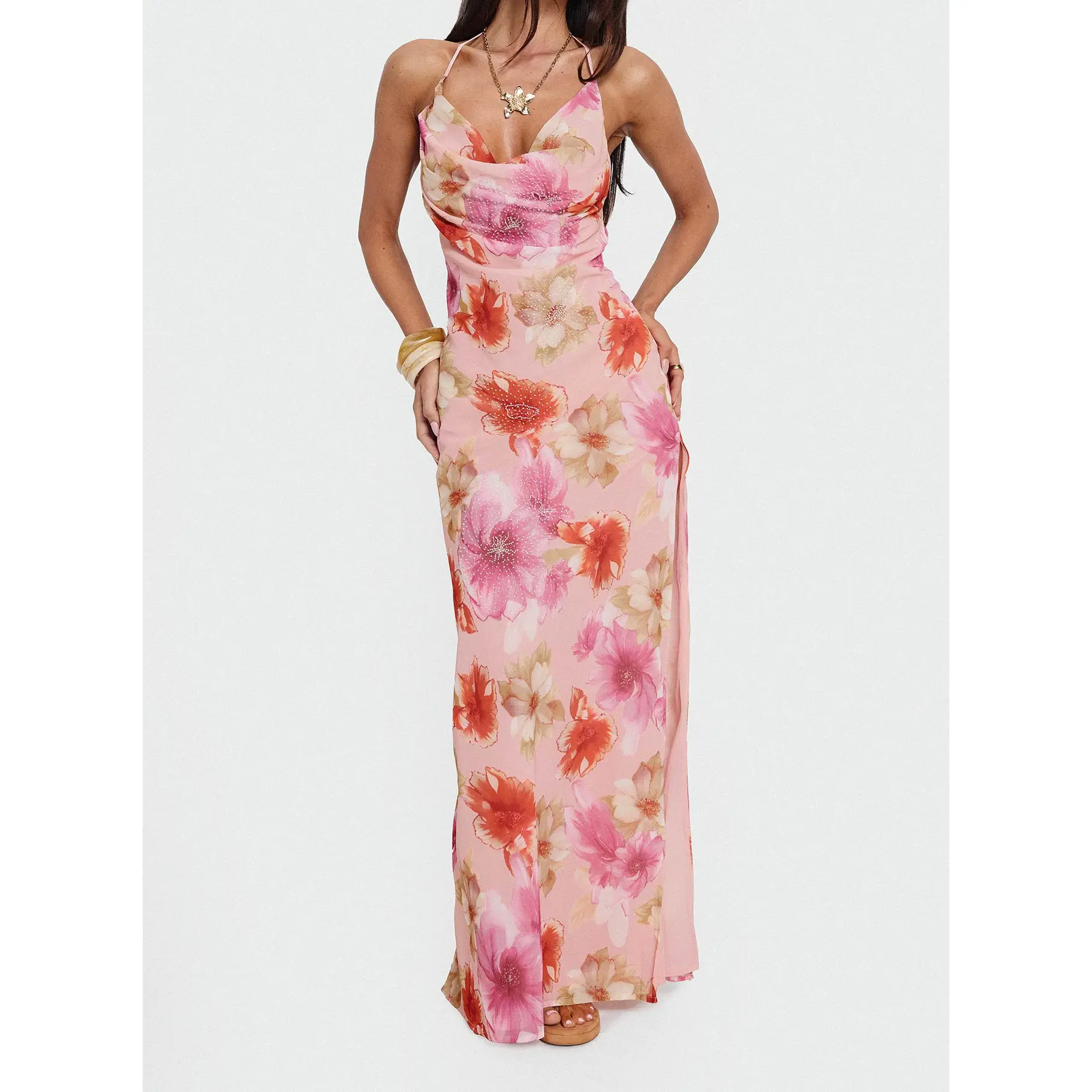 Sibellah Beaded Cowl Neck Maxi Dress Pink Multi - TikTok Shop Sibellah Beaded Cowl Neck Maxi Dress Pink Multi - TikTok Shop