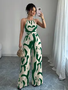 Boho Print Halter Jumpsuit for Women, Bohemian Elegant Backless Wide Leg One-Piece Romper, Stylish Summer Fashion