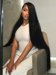 32 Inch Black Long Straight Wig 13x4 Lace Front Wigs Pre-Plucked Natural Hairline Heat Resistant Synthetic Wig Free Part HD Transparent Lace Frontal Wig Black Concert Look Straight Wig Coachella Festival Look Hyperrealism Wig