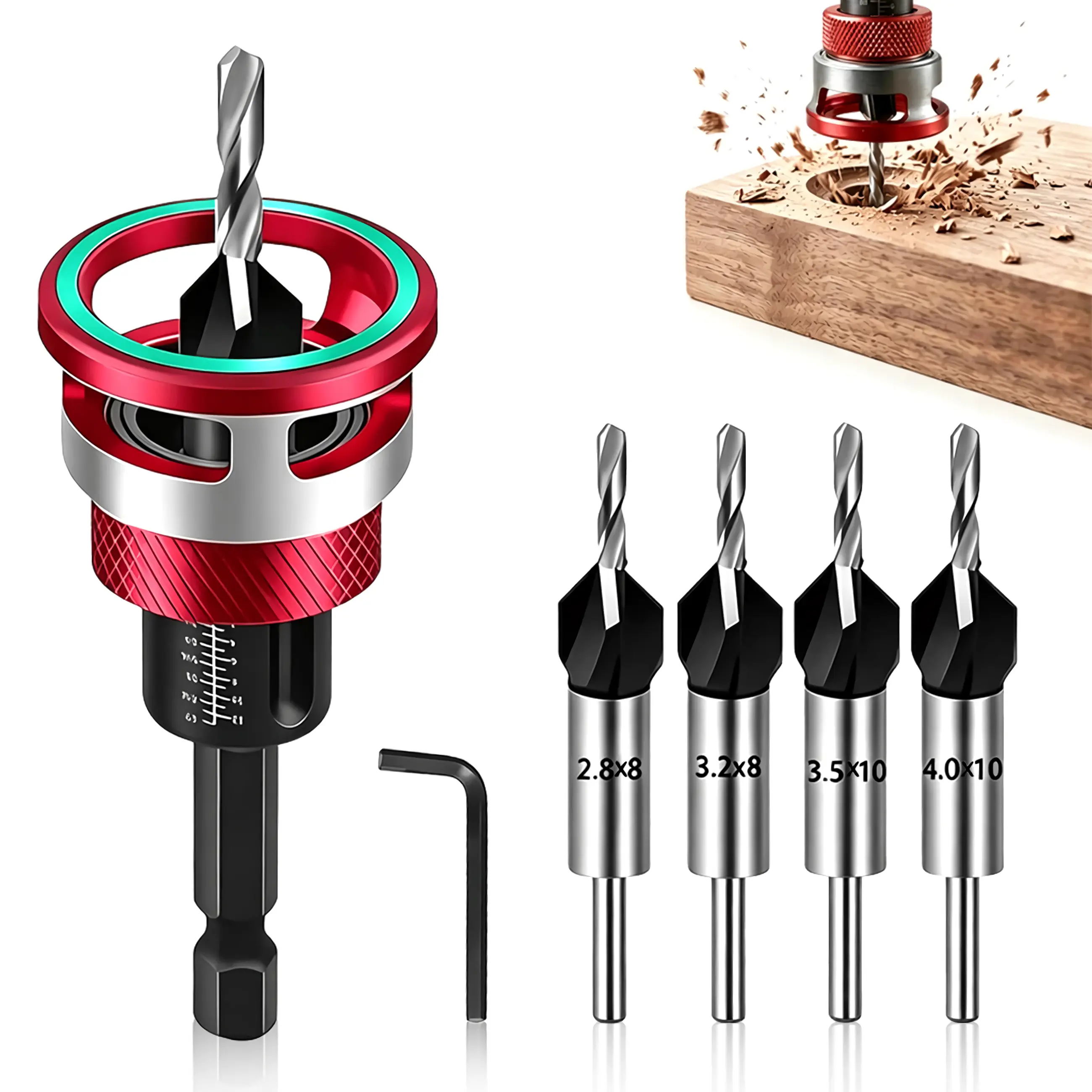 4 Piece HSS Countersink Drill Bit Set with Adjustable Depth Stop, 1/4" Hex Shank Woodworking Chamfer Bits for Carpentry, Wood Drill Bit with Non-Marring Bearing for Precision Depth Control