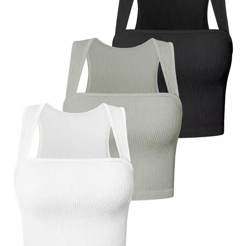 Women's Solid Square Neck Crop Tight Sports Vest, Sporty High Stretch Activewear Sleeveless Tank Top for Yoga Gym Workout, Ladies Sportswear for All Seasons