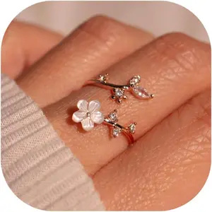 Adjustable 14K Gold/Silver Plated Flower Ring for Women, CZ & Mother of Pearl Non-Tarnish Jewelry Gift Size 7-11 Versatile Design Cubic Zirconia Plating Options Premium Materials