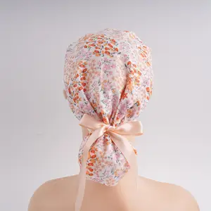 Orange Floral Print Scrub Cap for Women,Cotton Surgical Nurse Hat with Ribbon Ties,Birthday,Valentine's Day Gifts