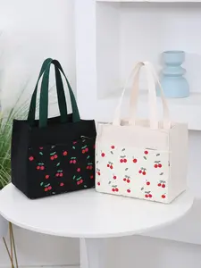 Women's Cherry Pattern Handbag, Fashionable Insulated Lunch Bag Tote Bag with Aluminum Foil Insulation Layer, Casual Trendy Versatile High-quality Daily Commuting Bag