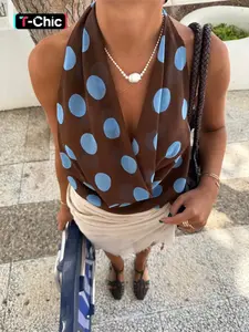 Elegant Polka Dot Asymmetric Scarf Halter Tank Top, Stylish Women's Fashion, Casual Chic Sleeveless Top, Perfect for Casual and Party, Trendy and Comfortable, Womenswear