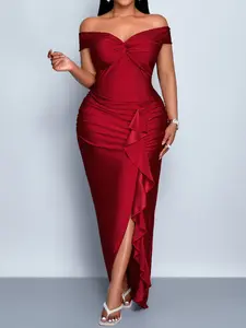 Elegant Sexy Women's Sleeveless Ruffle Dress, High Waist Slim-Fitting Plain Design, All Seasons Fashion Womenswear, Plus Size Available