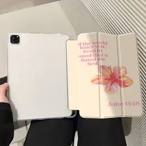 Cute Pink Hibiscus John 15:18 Aesthetic Bible Verse Background Stylish Clear Tablet Case for Pencil Holder (No Pen Included), Auto Wake/Sleep Tablet Protective Cover with iPad 10th 11th 9th Mini Air 4th 8/7/6/5th for iPad Pro Generation Case