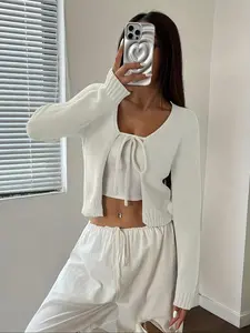 Elegant and Fashionable Short Knit Cardigan with Bow Tie, Versatile Long Sleeve V Neck Sweater for All Seasons, Casual Style for Women, Womenswear