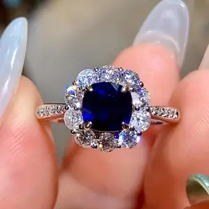 Dainty Cocktail Ring Silver Plated Inlaid Deep Blue zirconia Engagement Wedding Ring For Brides Dupes Luxury Jewelry Evening Party Decor