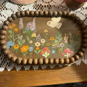 Woodland Edition All Wood Hand Painted Tray with Floral Design and Beaded Edge for Decorative Use