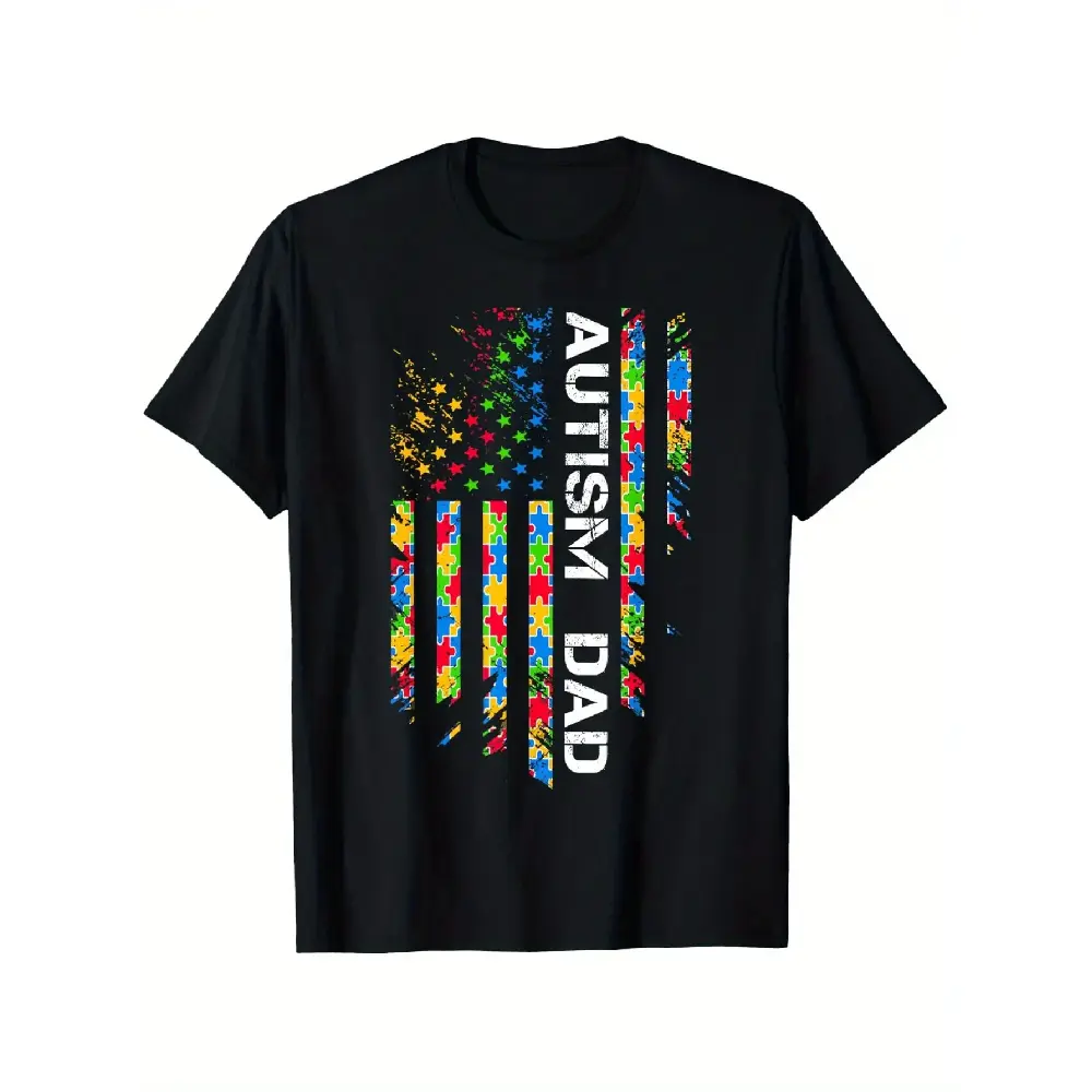 Menswear Autism Dad Round Neck T-Shirt - 100% Cotton Short-Sleeve Top, Soft Comfortable Summer Casual Wear, Puzzle Piece Design, Perfect Gift for Dads