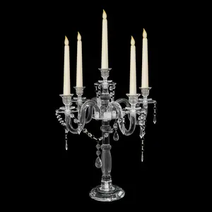 Elegant 5-Arm Crystal Taper Candle Holder 14" Tabletop Centerpiece with Clear Faceted Candlestick for Home Wedding Holiday Decor Beads Luxury Design Christmas Decoration