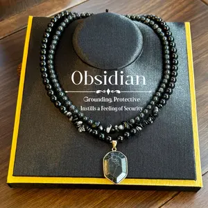 Women's Retro Long Chain Obsidian Pendant Necklace Set - Natural Stone Grounding Protection Jewelry with Beading Detail, Double-Layer Stacking Design, Unisex Daily Wear Fashion Accessory, Gift for Family