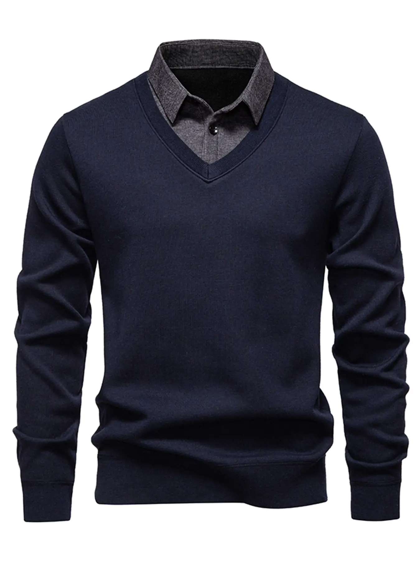 Men's Fake Two-Piece V-Neck Knit Sweater, Long Sleeve, Colorblock Shirt Collar Effect, Soft Skin-Friendly Fabric, Ribbed Hem for Warmth, Casual & Commute Wear, Knitwear