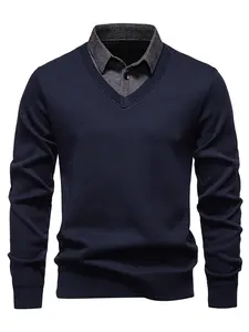 Men's Fake Two-Piece V-Neck Knit Sweater, Long Sleeve, Colorblock Shirt Collar Effect, Soft Skin-Friendly Fabric, Ribbed Hem for Warmth, Casual & Commute Wear
