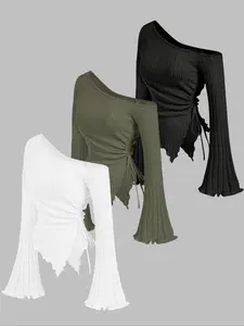 Classic Simple Drawstring Casual Women's Home Wear Top Set, Three-Piece Comfortable Loungewear, Versatile Plain Design