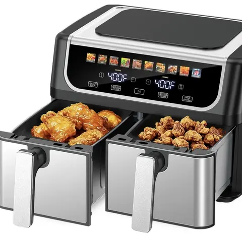 「AirFryerRecipes」Dual Zone 9.5 Quart Air Fryer with Double Baskets, Independent Temperature Control, Sync Cooking & Shake Reminder, 10 Preset Functions for Easy Meal Prep, Grey or Black