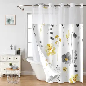 Ink and wash flower double-layer shower curtain, no hooks, fresh country style home decoration, bathroom accessories, 72x75in