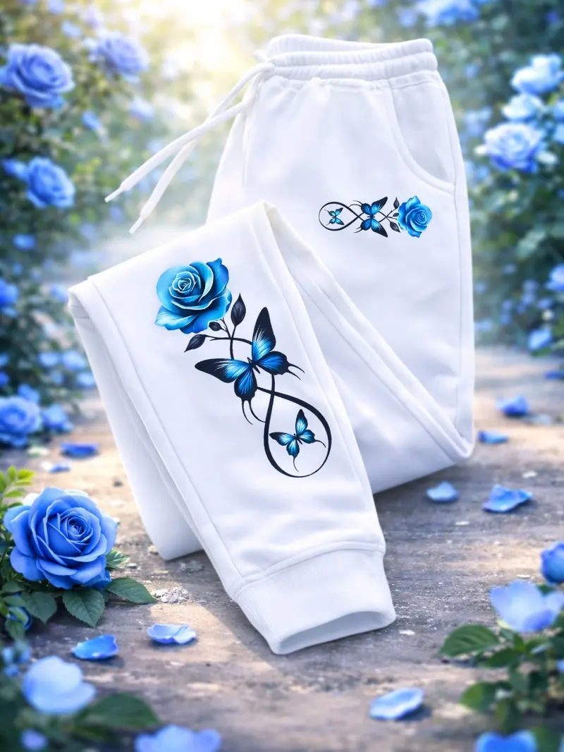 Casual High Quality Outdoors Women's Pants Sweatpants with Blue Rose & Butterfly Print Elastic Band Trousers Jogging Drawstring Sports