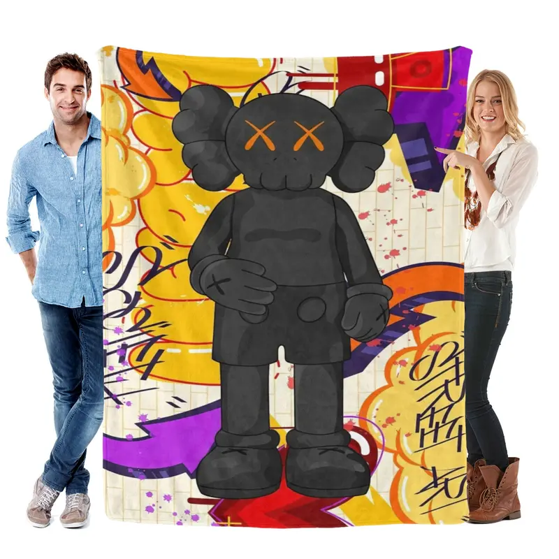 Kaws Black Companion with Japanese Graffiti Throw Blanket - Bold Streetwear Art Vibes, Urban Cool Collectible Blanket