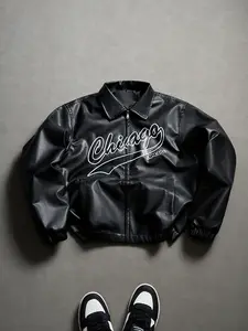 Men’s Chicago script graphic faux leather jacket with lapel collar, zip-up front, elastic cuffs—vintage streetwear bomber coat. Chicago script print lapel faux leather bomber jacket. Menswear Tops Classic Soft Basic