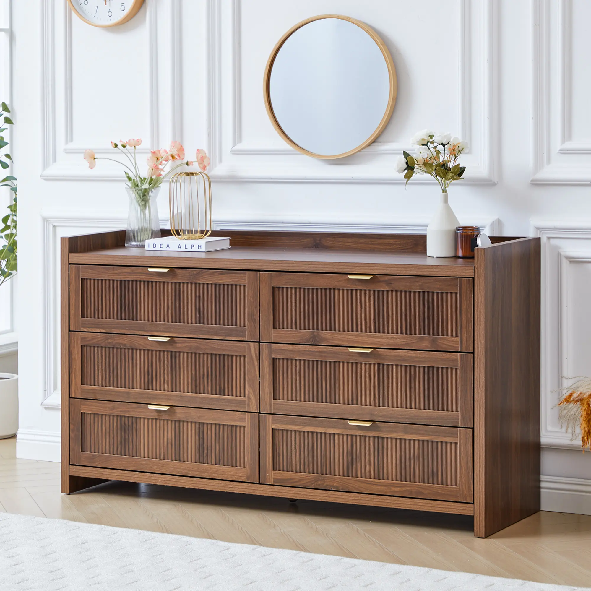 Giratree Mid Century Modern Walnut Dresser with 6 Drawers, Fluted Wood  Storage Cabinet, Wide Chest of Drawers for Bedroom Living Room - TikTok Shop