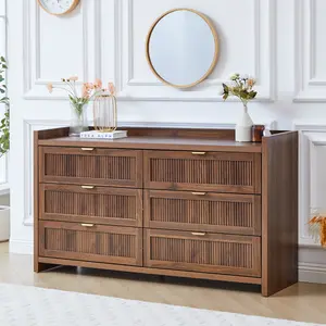 FurSch Mid Century Modern Walnut Dresser with 6 Drawers, Fluted Wood Storage Cabinet, Wide Chest of Drawers for Bedroom Living Room
