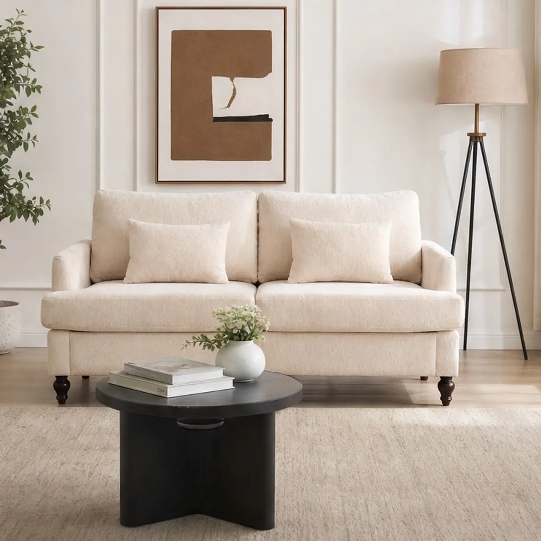 Mid Century Modern Chenille Loveseat Sofa 2-Seat Upholstered Couch with Thick Removable Seat Cushion Brown Wood Feet for Living Room Bedroom Apartment Small Space Multiple Color Options, Beige/Black/Dark Orange/Emerald Color Options