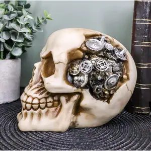Ebros Steampunk Cyborg Protruding Gearwork Human Skull Statue Sci Fi Clockwork Gear Design Skeleton Cranium Figurine