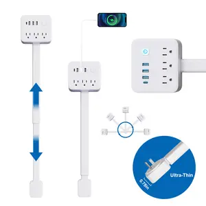[Updated]Outlet Extender Stick, 17.52"–25.6" Extendable Electrical Outlet Extender with Hook & Loop Mounting, Rotating Flat Plug — Power Socket Expander with Safety Switch & Surge Protection, 3 AC Outlets, 3 USB-A + 1 USB-C, Ideal for Sofa, Bedside & Desk