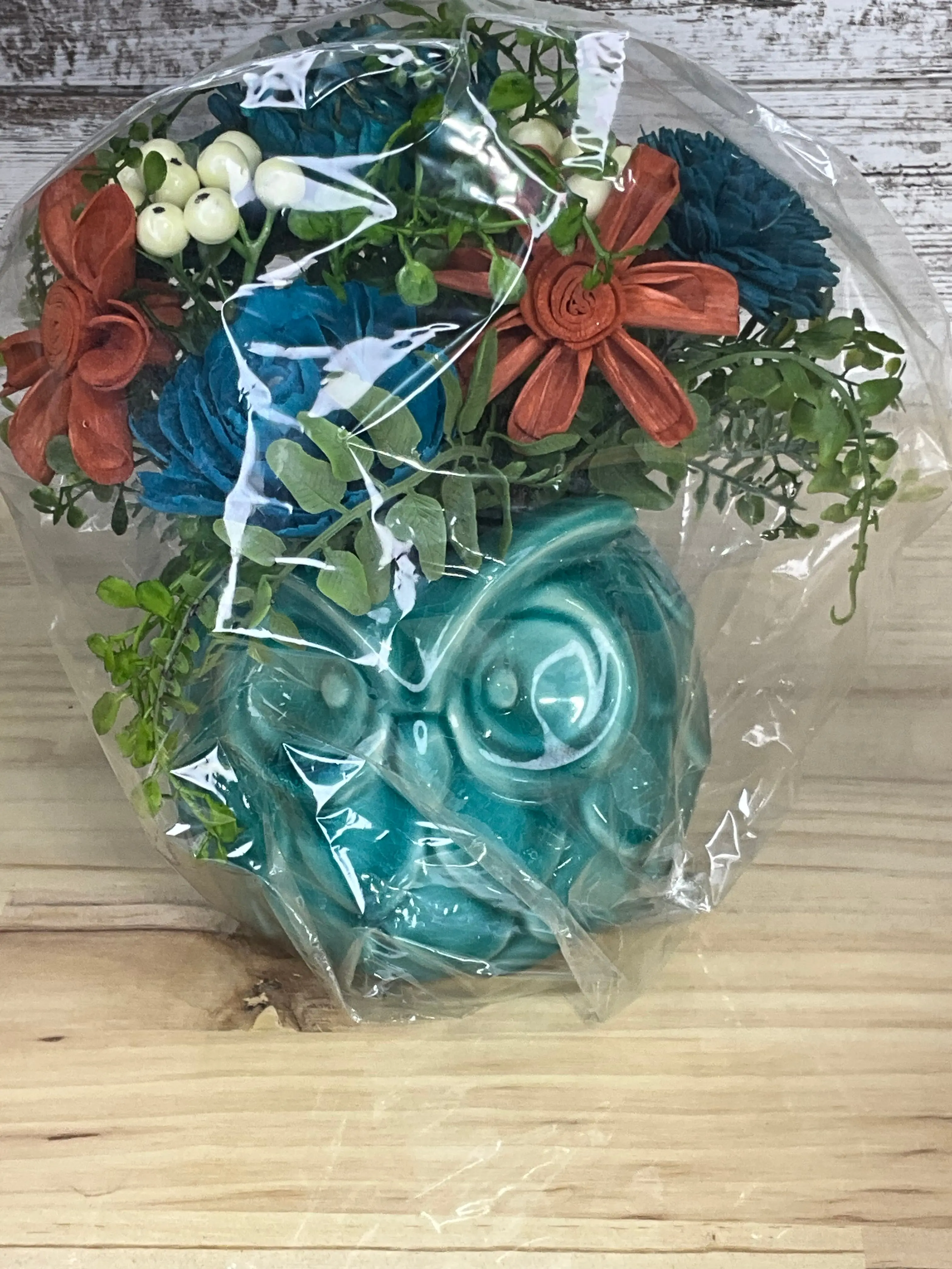 Nature-Infused Sola Wood Flower Arrangement with Berry Accents, Teal Ceramic Owl Pot, Gift-Ready Home Decor for Room Plants Display