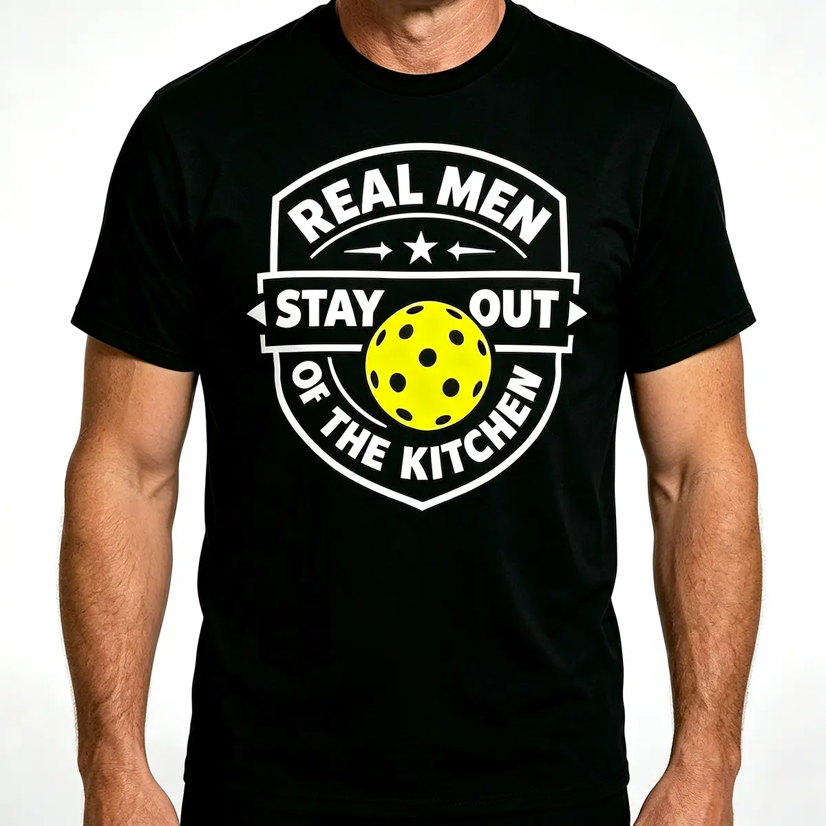 Real Men Stay Out Of The Kitchen Pickleball Graphic Tee, Funny Pickleball Shirt, Sarcastic Sports Quote T-Shirt, Badge Style Casual Top, Gift For Pickleball Players