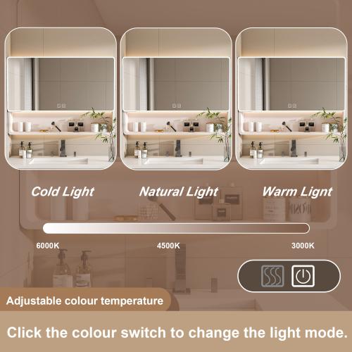 Aluminium Medicine Cabinet Mirror, 36 * 28in Tri-Color LED Light Bathroom Mirror with Cosmetic Storage Rack, Hair Dryer Holder and Defogging Function-khaki