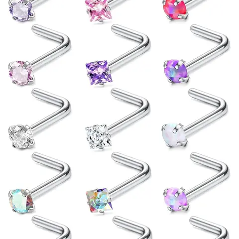 Hypoallergenic Nose Rings, 15pcs Set, 18G 20G Surgical Stainless Steel Nose Rings Studs, L Shaped Screw Studs Rings, Cubic Zirconia Nose Ring, Labret Lip Nose Piercing High Quality Jewelry, CZ Nose Rings for Women and Men, Nostril Nose Ring