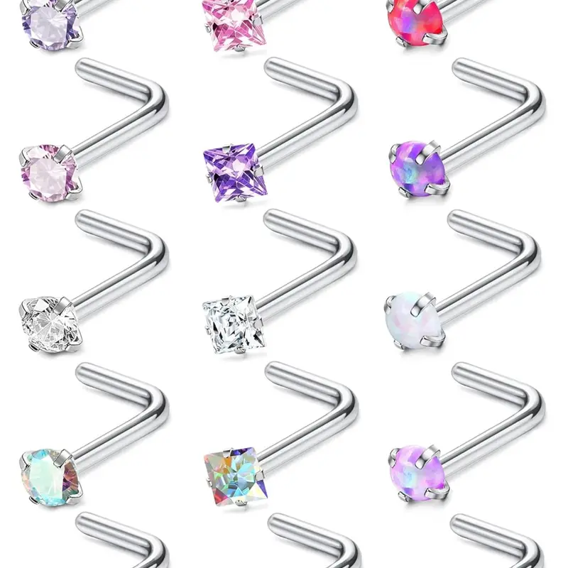 Hypoallergenic Nose Rings, 15pcs Set, 18G 20G Surgical Stainless Steel Nose Rings Studs, L Shaped Screw Studs Rings, Cubic Zirconia Nose Ring, Labret Lip Nose Piercing High Quality Jewelry, CZ Nose Rings for Women and Men, Nostril Nose Ring