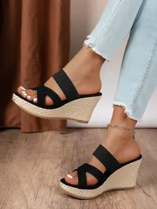 Summer women's fashionable straw woven high-heeled sandals, canvas beach high-heeled slippers, cross heeled sandals with sloping heels