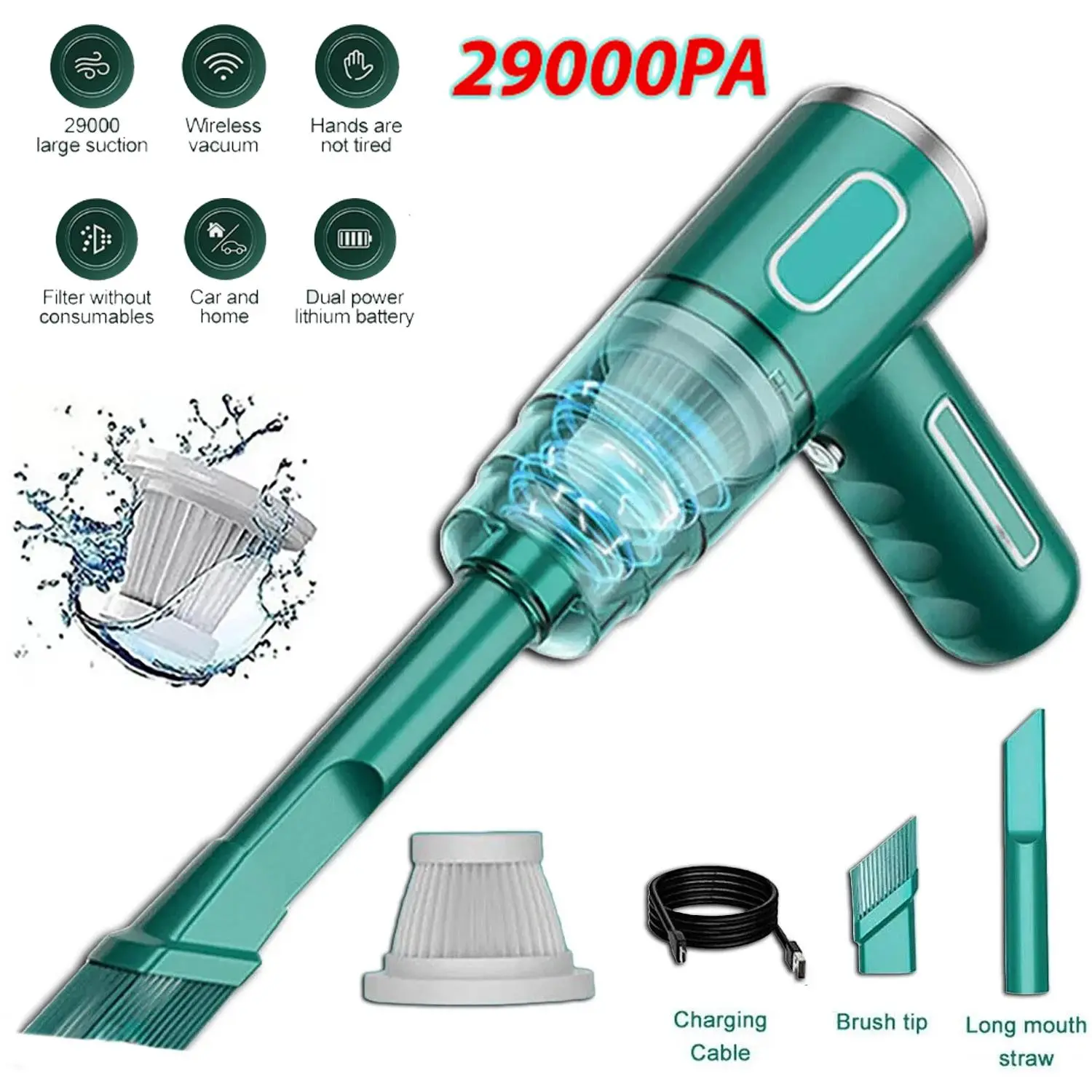 29000PA Mini Cordless Handheld Vacuum, Portable Wireless, 2000mAh Rechargeable, Washable HEPA Filter, Wet/Dry, Multi-Nozzle for Car Home Office Daily Cleaning