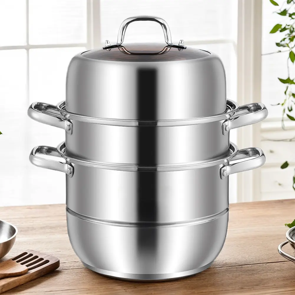 11in Stainless Steel Multi-Tiered 3-Tier Steamer Pot, Thick Cookware with Lid and Handle for Vegetables, Dumplings