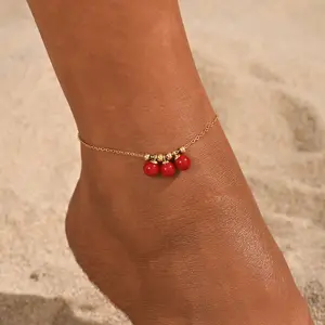 Women's 70s Bohemian Style Red Imitation Pearl Stainless Steel Ankle Chain - Decorative Charm, Pearl String, Red Bead Anklet for Beach Play, Daily Casual Wear, 70S Bohemian Anklets, Bohemian Style Anklets