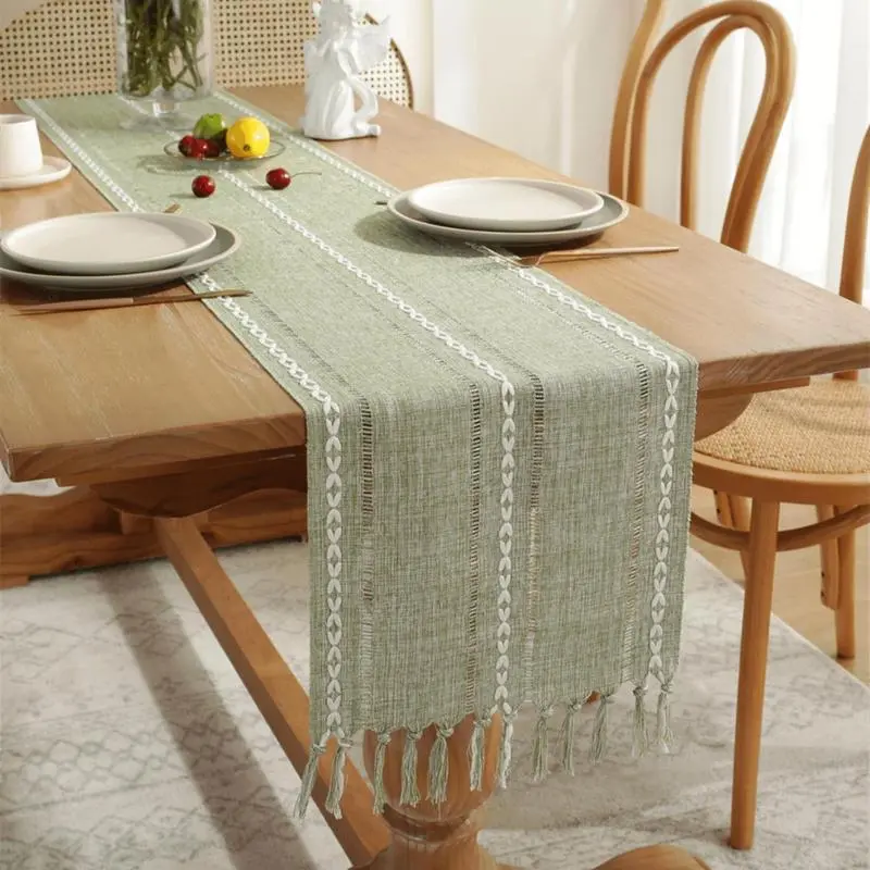 Boho Table Runner｜Green Farmhouse Style｜Embroidered Tassel Table Decor｜Wedding & Party Table Decoration