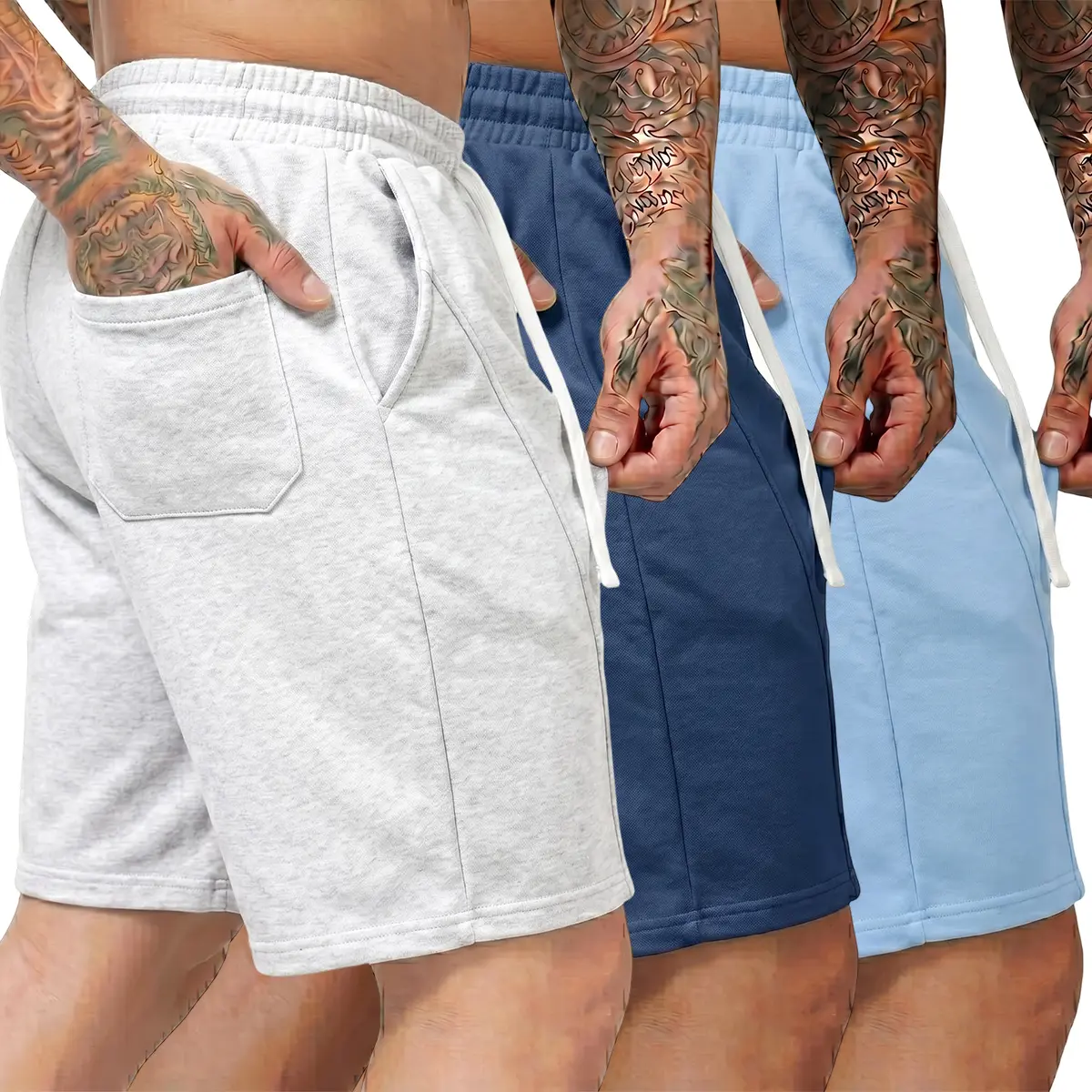 Men's 5" Cotton Shorts, 50% Blend, Straight Cut, Solid Grey & Olive, Slight Stretch, Wrinkle Resistant, Relaxed Through Seat, Deep Side Pockets – Home or Beach Ready