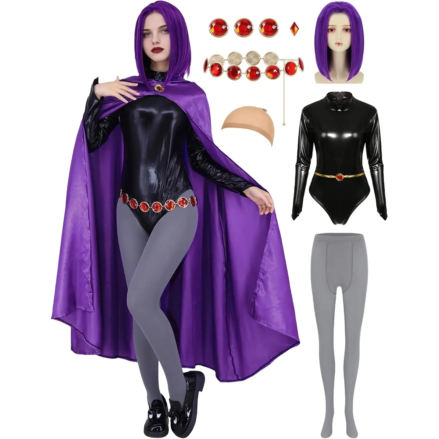 Adult Halloween Costumes Women Purple Hooded Cape with Wig Bodysuit Belt Gemstone Anime Cosplay Party Outfit