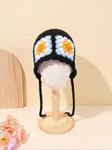 Handmade Crochet Beanie Hat, Colorful Floral Granny Square Pattern, Ear-Flap Design with Tie Strings, Retro Boho Winter Headwear