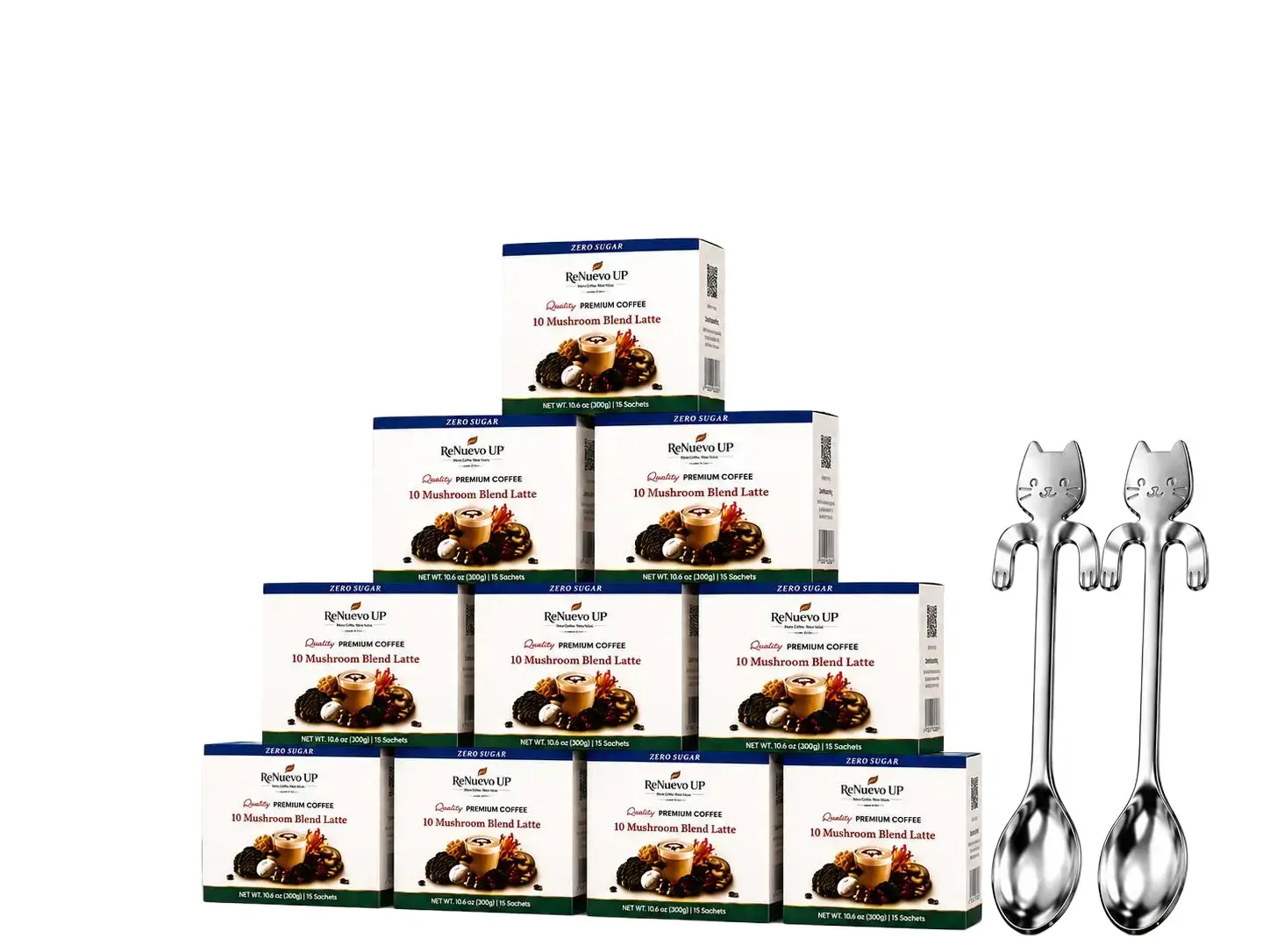 ReNuevo UP 10 Mushroom Blend Premium Instant Coffee Latte Mix, 10-Pack (150 Sachets + 2 Coffee Spoons) with Reishi, Lion's Mane, Cordyceps & Chaga, 0 Sugar Beverage