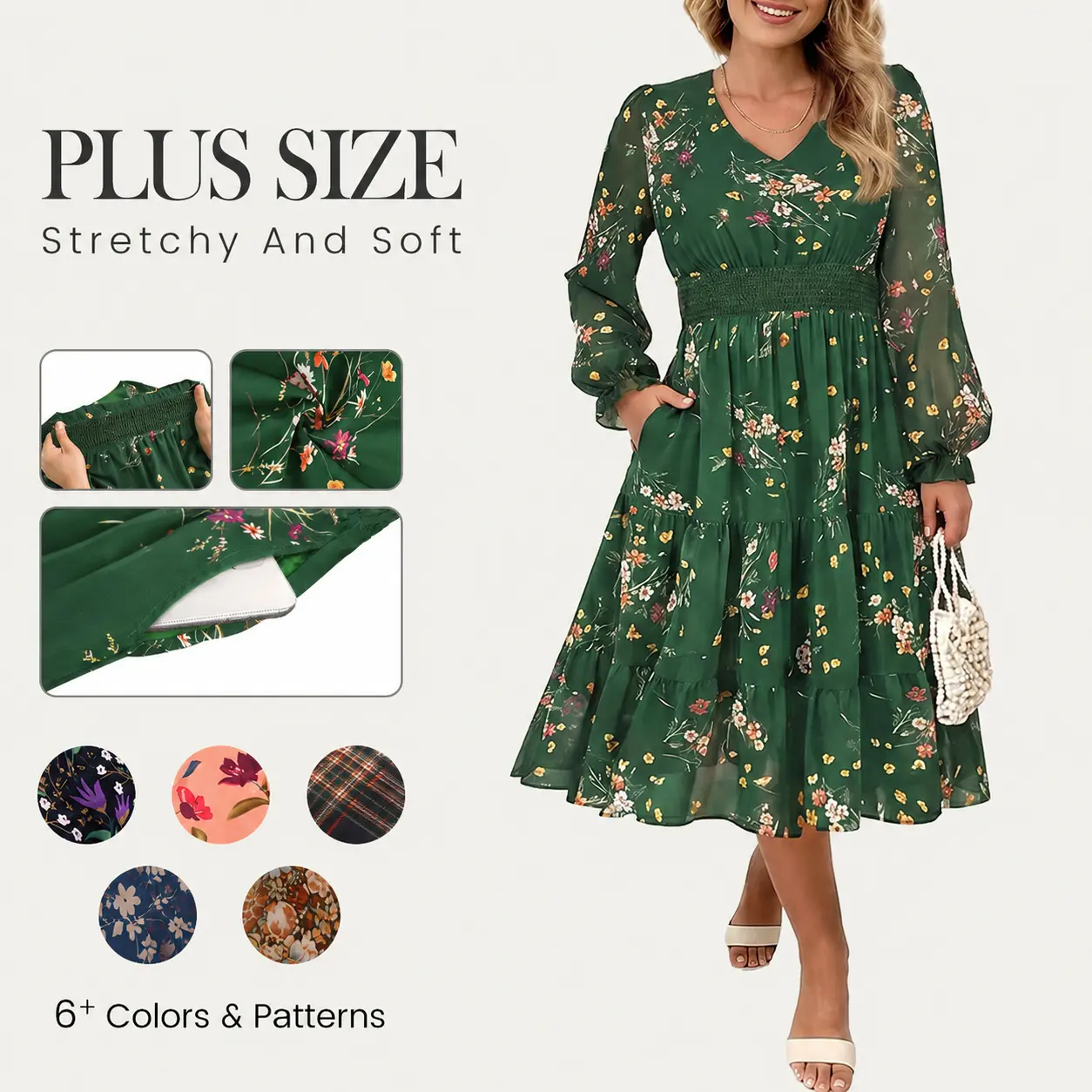 RITERA Plus Size Maxi Floral Dress for Women Long Sleeve V Neck Flowy Dress Empire Waist Wedding Guest Dresses Casual Womenswear Summer Fitted Vneck