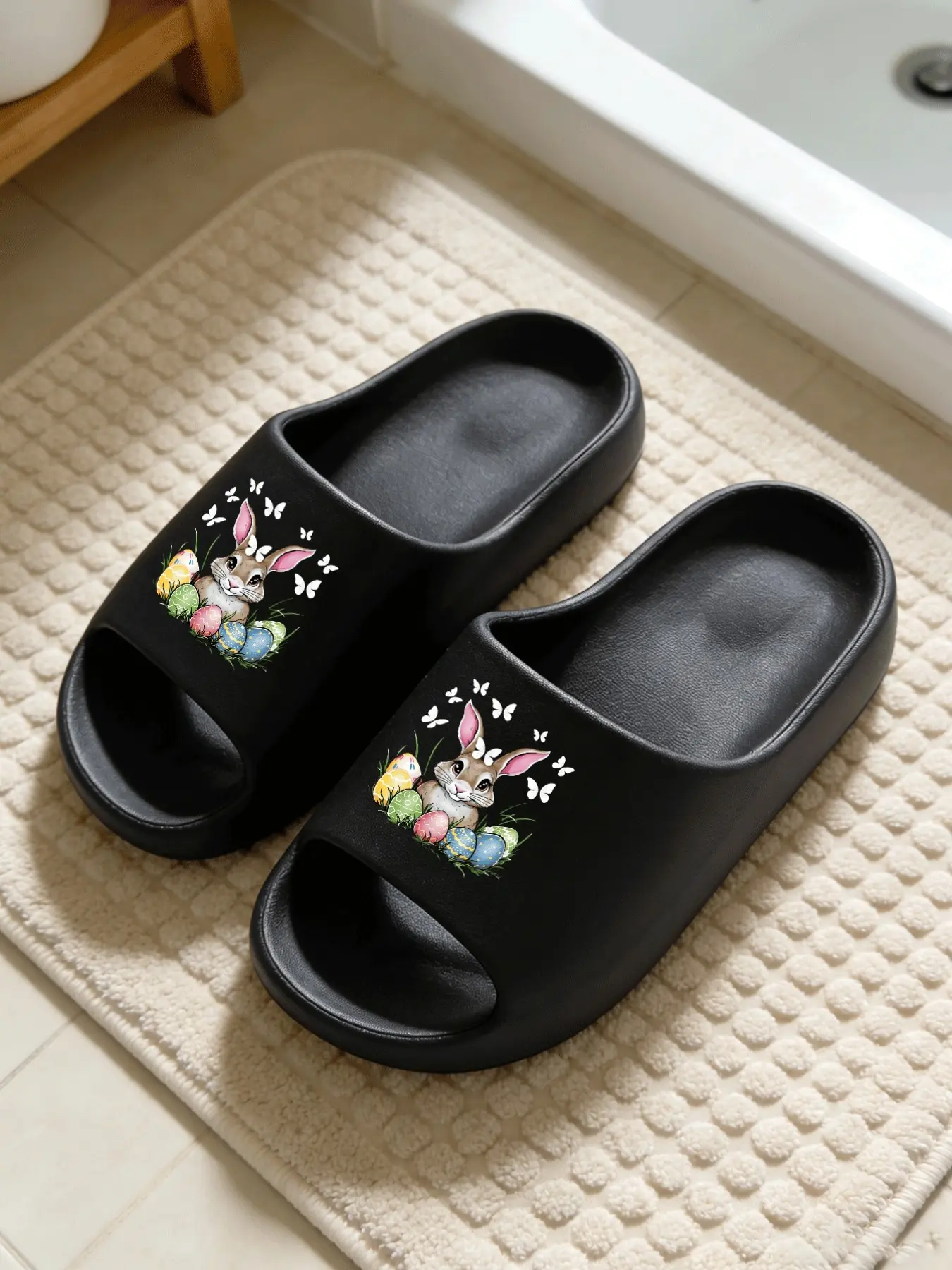 Easter Bunny with Colorful Eggs Print Cloud-Feel Sweet Easter Vibe Style Easter Lovers Must-Have Gift Non-slip Soft Indoor Outdoor Slide Sandals