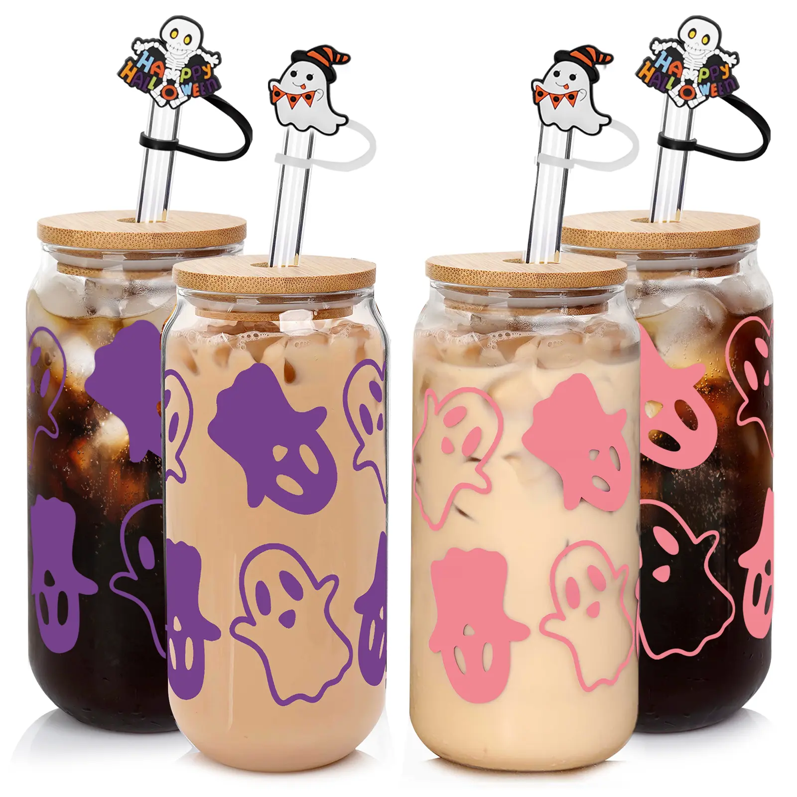 ANOTION Halloween Ghost Glass Tumbler – 18oz Mug for Iced Coffee and Seasonal Decor Drinking Glass Cups with Bamboo Lids Halloween decor 2025